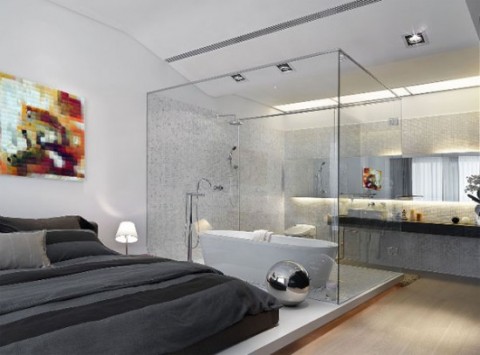 Baños integrados en a la habitación Cocina separada salon cristal