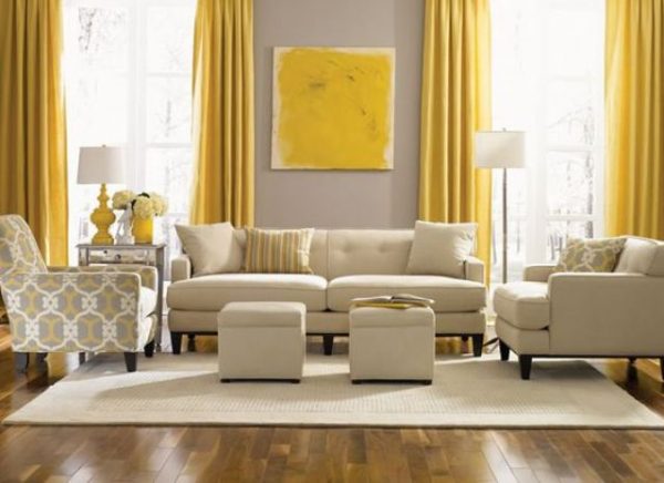 Ideas deco para una sala de estar en gris y amarillo
