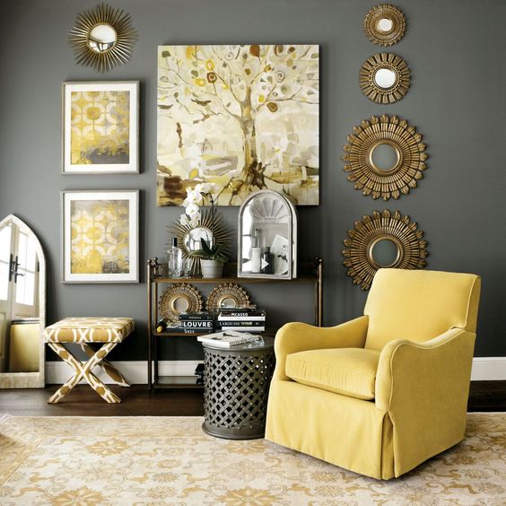 Ideas deco para una sala de estar en gris y amarillo