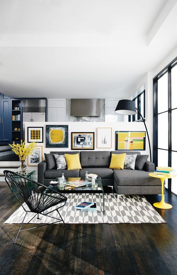 Ideas deco para una sala de estar en gris y amarillo