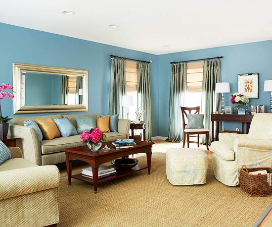Teal Blue And White Living Room