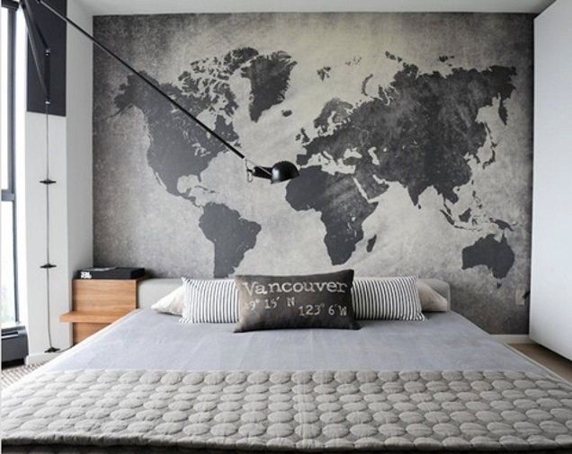 Map of the world black and white headboard wall mural
